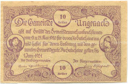 Банкнота 10 геллеров 1920 года Австрия Унгенах (нотгельд)