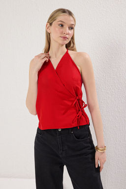 K?rm?z? Modal Ask?l? Kruvaze Dokuma Bluz TWOSS25BZ00420 - Trendyolmilla фото 3