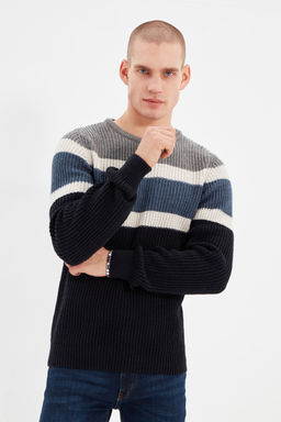 TRENDYOL MAN Gri Slim Fit Yunlu Bisiklet Yaka Panelli Renk Bloklu Triko Kazak TMNAW22KZ0343
