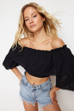 Siyah Crop Dokuma Volanl? Plaj Bluz TBESS24BZ00008 - Trendyolmilla фото 2