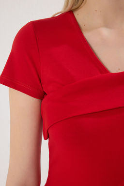 Trendyolmilla Kahverengi Asimetrik Yaka Fitted/Vucuda Oturan Orme Bluz TWOSS25BZ00381  фото 7