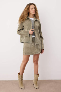 Bej Suet Gorunumlu Flok Bask?l? Regular Denim Ceket TWOAW26CE00050 - Trendyolmilla фото 2