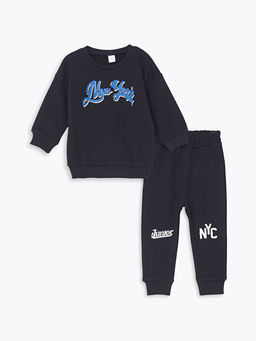 Bisiklet Yaka Bask?l? Erkek Bebek Sweatshirt ve E?ofman Alt 2li Tak?m