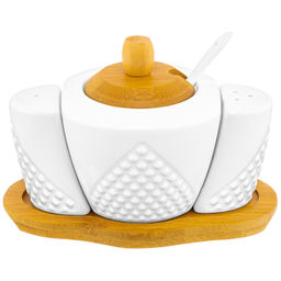 Набор - сахарница 300 мл 16*10*11 см "Ромбики" с ложкой + солонка + перечница на дер. подст.