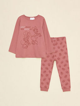 Bisiklet Yaka Uzun Kollu Minnie Mouse Bask?l? K?z Bebek Pijama Tak?m?