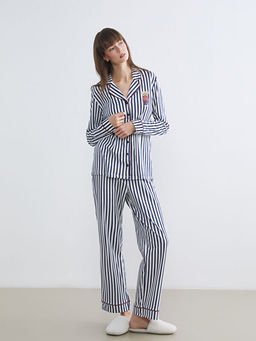 G?mlek Yaka ?izgili Kad?n Pijama Tak?m?