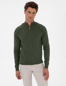 Koyu Haki Slim Fit Dik Yaka Fermuarl_ Triko Kazak