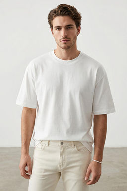 Ekru Oversize/Geni_ Kesim S_rt Aslan Bask_l_ %100 Pamuk T-Shirt TMNSS25TS00117 - Trendyolmilla фото 2