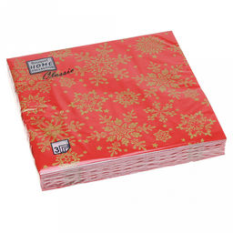 Салфетки бумажные "Bouquet Home Collection Classic" 33х33см, 3-х слойные, 20 штук в упаковке, 100% целлюлоза, "Золотые снежинки на красном" (Россия)
