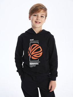 Bask?l? Uzun Kollu Erkek ?ocuk Hoodie