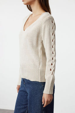 Vizon Merserize Gorunumlu Ajurlu/Delikli Pamuklu V Yaka Triko Kazak TWOAW24KZ01217 - Trendyolmilla фото 12