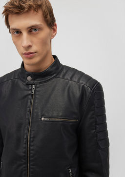Siyah Suni Deri Ceket - Mavi фото 5
