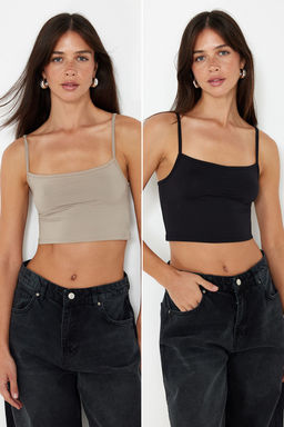 Siyah-Vizon 2li Paket Poliamid Icerikli Ask?l? Crop Fitted Esnek Orme Atlet TWOSS24AL00053