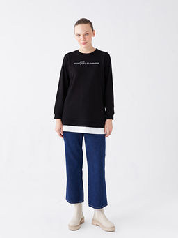 Bisiklet Yaka Bask?l? Uzun Kollu Kad?n Sweatshirt Tunik