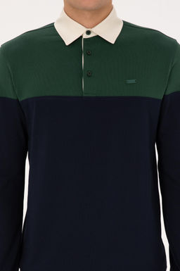 Erkek Regular Fit Polo Yaka Koyu Ye_il Sweatshirt