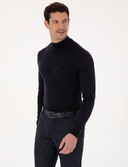Lacivert Slim Fit Pamuk Kar___ml_ Yar_m Bal_k__ Yaka Basic Triko Kazak