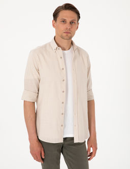 Bej Keten G_r_n_ml_ Slim Fit Uzun Kollu G_mlek