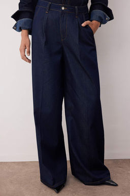 Koyu Mavi Pileli Normal Bel Wide Leg Jeans TWOAW26JE00008