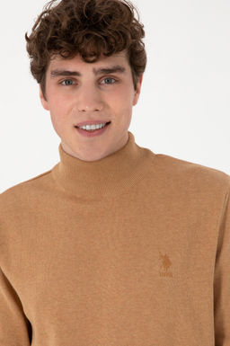 Erkek Slim Fit Yar_m Bal_k__ Yaka Camel Melanj Basic Kazak - U.s. polo assn фото 2