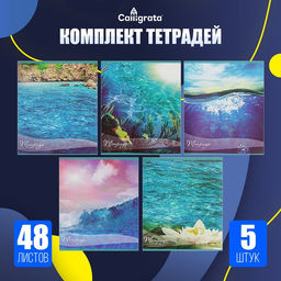 Комплект тетрадей из 5 шт, 48 листов, клетка, Океан, обложка мелованная бумага, блок №2, белизна 75% (серые листы) - Calligrata фото 3