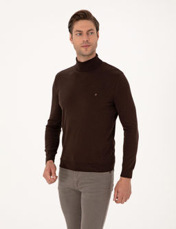 Koyu Kahverengi Slim Fit Bal_k__ Yaka Basic Triko Kazak