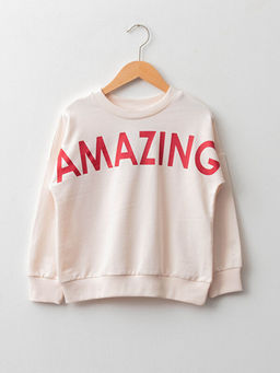 Bisiklet Yaka Bask?l? Uzun Kollu K?z ?ocuk Sweatshirt