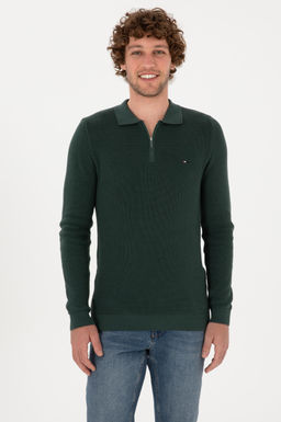 Erkek Regular Fit Fermuarl_ Koyu Ye_il Basic Kazak