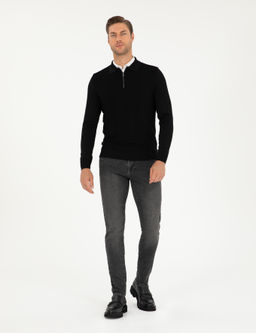 Siyah Regular Fit Fermuarl_ Polo Yaka Triko Kazak - Pierre cardin фото 4