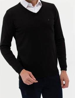 Siyah Slim Fit V Yaka Basic Triko Kazak