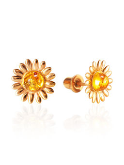 Миниатюрные позолоченные серьги-гвоздики Ромашка с лимонным янтарём