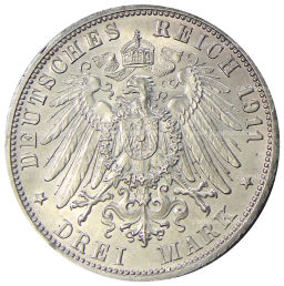3 марки 1911 года F Германия (Вюртемберг)  25 лет свадьбе Вильгельма II и Шарлотты