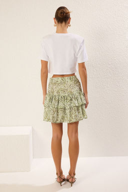 Haki Etnik Desenli Korse Detayl? F?rf?rl? Baglamal? Mini Boy Dokuma Etek TWOSS25ET00031