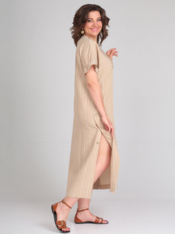 Платье длинное бежевое в белую полоску для полных - Almond фото 4