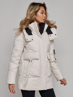 Зимняя женская куртка модная с капюшоном бежевого цвета 589827B