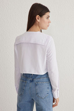 TRENDYOLMILLA Beyaz Yakas? Dantel Ve Baglama Detayl? Regular Normal Kal?p Dokuma Crop Gomlek TWOSS25GO00019  фото 5