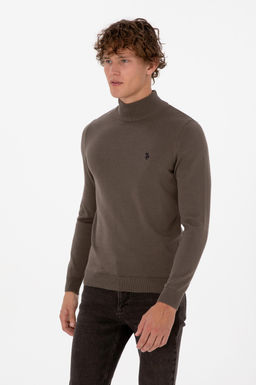 Erkek Slim Fit Bo_azl_ Vizon Basic Kazak