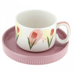 Чашка фарфоровая "Тюльпаны" 200мл, д8см h5,9см, с блюдцем д13,5см h2см, глянцевая глазурь, с деколью, цвет - пудровый, в коробке (Китай)
