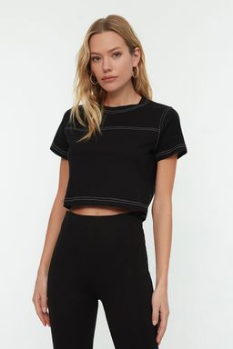 TRENDYOLMILLA Siyah %100 Pamuklu Crop Bisiklet Yaka Orme Spor T-Shirt TWOSS21TS0770 фото 2