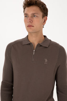 Erkek Slim Fit YarДm FermuarlД Polo Yaka Vizon Kazak - U.s. polo assn фото 2