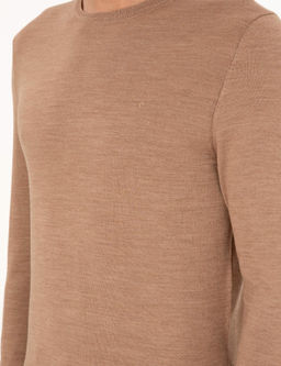 Базовый трикотажный свитер светло-коричневого цвета из смесовой шерсти с круглым вырезом и круглым вырезом - Cacharel фото 7