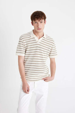 Трикотажная футболка-поло обычного кроя в полоску с короткими рукавами - Defacto фото 5