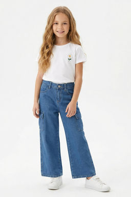 Koyu Mavi K?z Cocuk Wide Leg Kargo Cepli Pamuklu Lastikli Denim Pantolon Jean TKDSS24PL00001 - Trendyolmilla фото 9