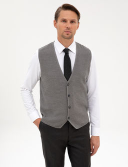 Gri Melanj Slim Fit V Yaka Triko Yelek