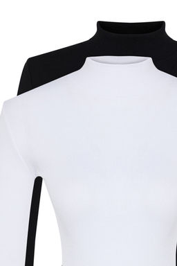 Trendyolmilla Siyah-Beyaz 2li Paket Fitilli Dik Yaka Fitted/Vucuda Oturan Uzun Kol Esnek Orme Bluz TWOAW24BZ00257