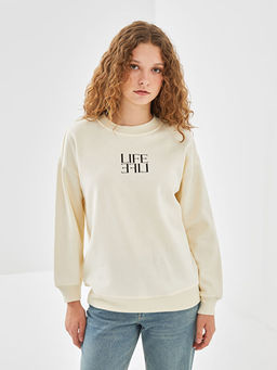 Bisiklet Yaka Bask?l? Kad?n Sweatshirt