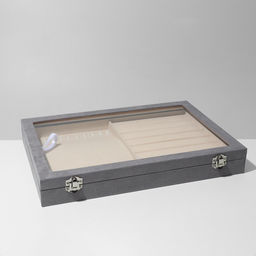 Шкатулка 10 крюч,7 пол, флок,35×24×5,стекл крыш, серо-беж