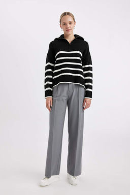 Женский вязаный свитер оверсайз с широким узором в полоску и половиной молнии с высоким воротником - Defacto фото 2