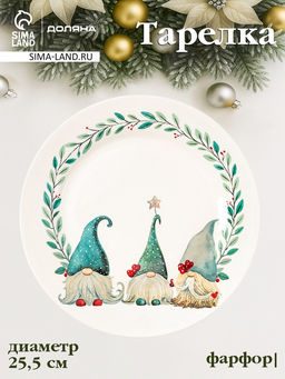 Тарелка новогодняя Доляна Домашние гномики, d=25.5 см, фарфор, белая  фото 5