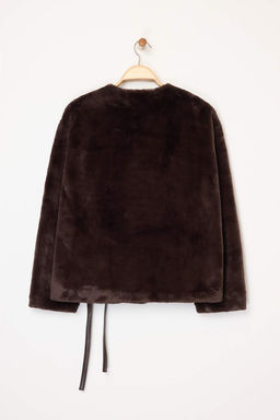 Kahverengi Oversize Kal?p Baglama Detayl? Pelus Ceket Mont TWOAW26MO00055