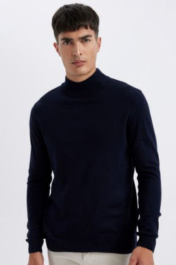 Lacivert Slim Fit Dar Kesim Yar?m Bal?kc? Yaka Basic Duz Triko Kazak